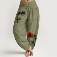 Van Dame Bamboe Bladeren Rode Zon Patroon Vrouwen Elastische Taille Harem Pure Katoenen Broek