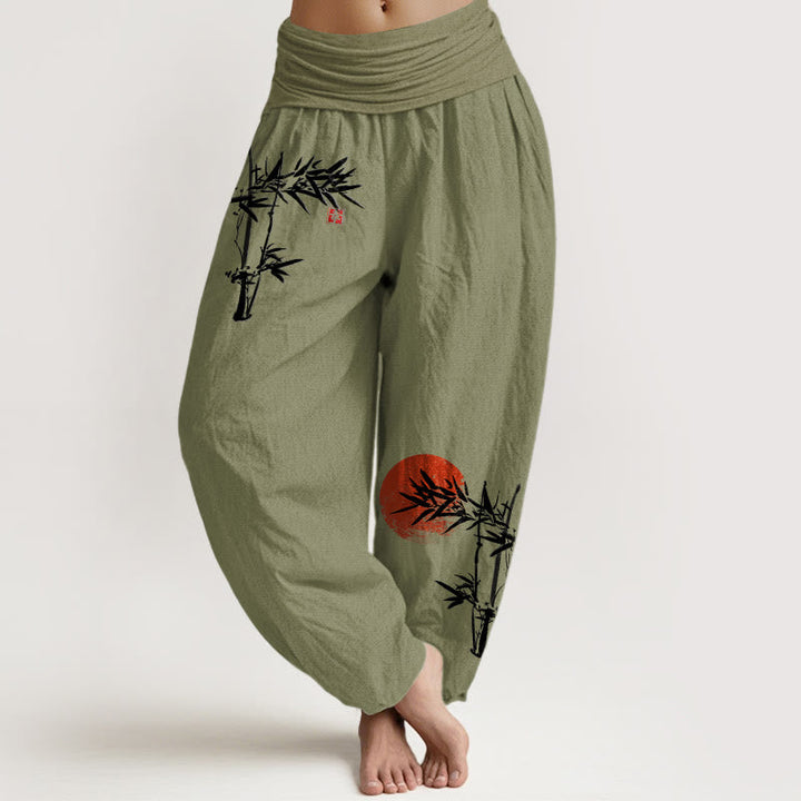 Van Dame Bamboe Bladeren Rode Zon Patroon Vrouwen Elastische Taille Harem Pure Katoenen Broek
