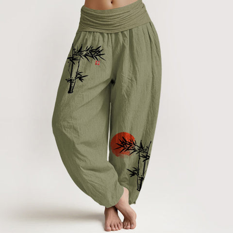 Van Dame Bamboe Bladeren Rode Zon Patroon Vrouwen Elastische Taille Harem Pure Katoenen Broek