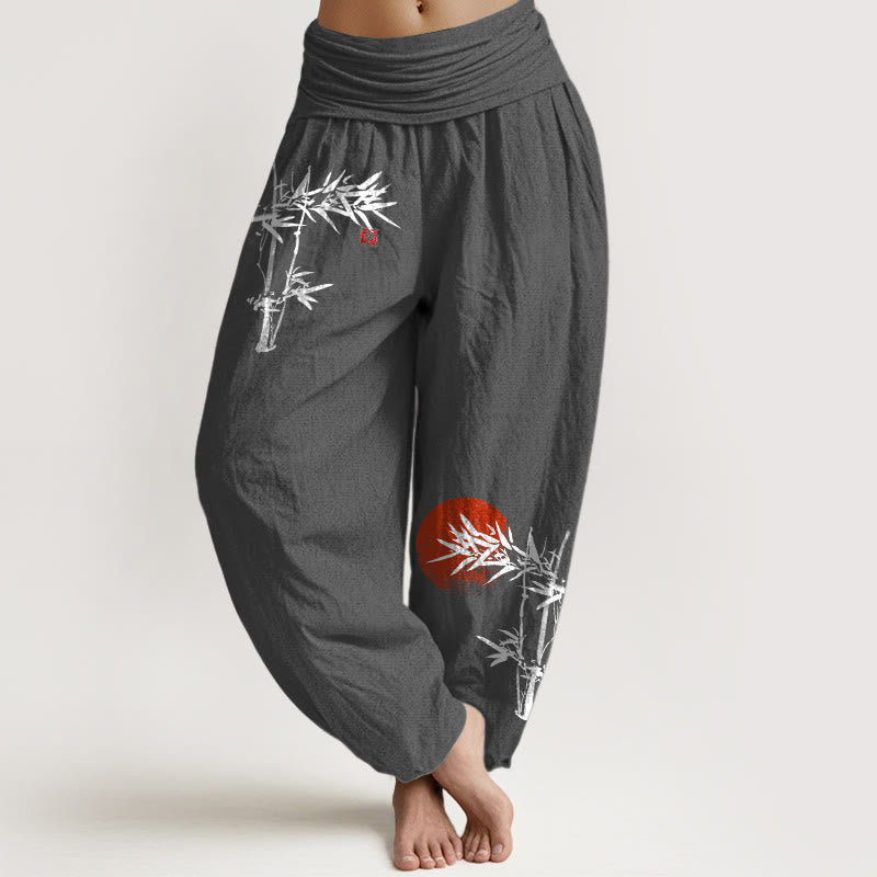 Van Dame Bamboe Bladeren Rode Zon Patroon Vrouwen Elastische Taille Harem Pure Katoenen Broek