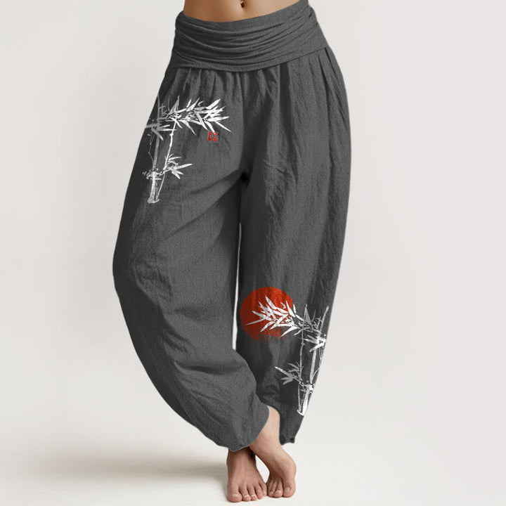 Van Dame Bamboe Bladeren Rode Zon Patroon Vrouwen Elastische Taille Harem Pure Katoenen Broek