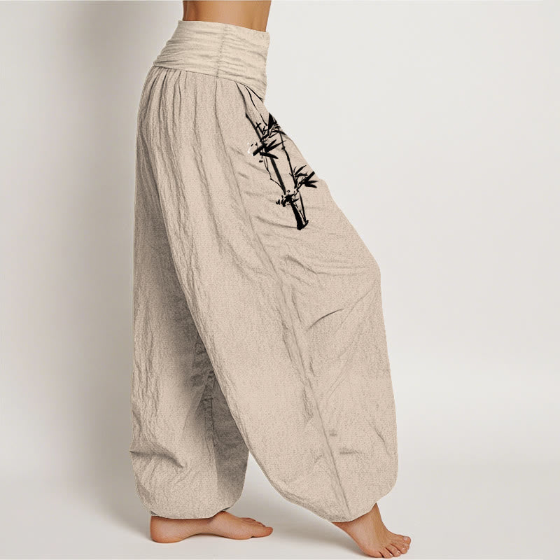 Van Dame Bamboe Bladeren Rode Zon Patroon Vrouwen Elastische Taille Harem Pure Katoenen Broek