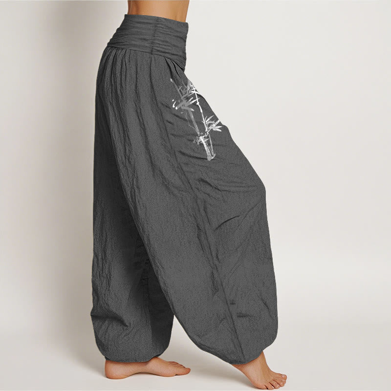 Van Dame Bamboe Bladeren Rode Zon Patroon Vrouwen Elastische Taille Harem Pure Katoenen Broek