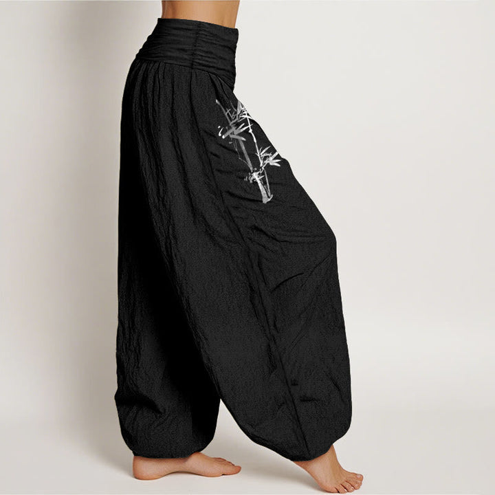 Van Dame Bamboe Bladeren Rode Zon Patroon Vrouwen Elastische Taille Harem Pure Katoenen Broek