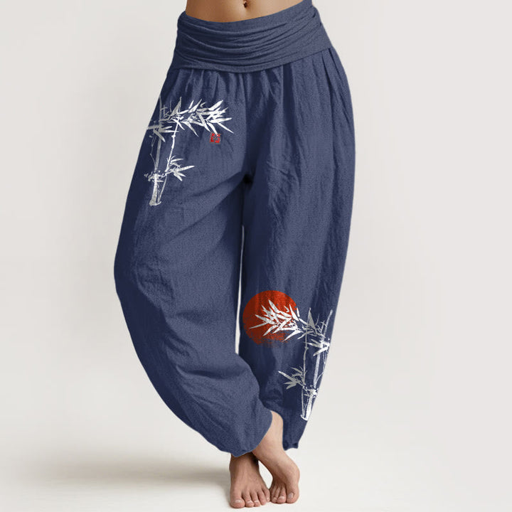 Van Dame Bamboe Bladeren Rode Zon Patroon Vrouwen Elastische Taille Harem Pure Katoenen Broek