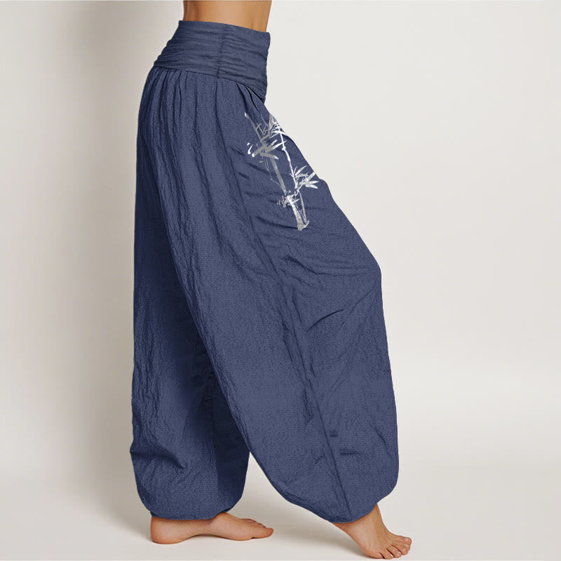 Van Dame Bamboe Bladeren Rode Zon Patroon Vrouwen Elastische Taille Harem Pure Katoenen Broek