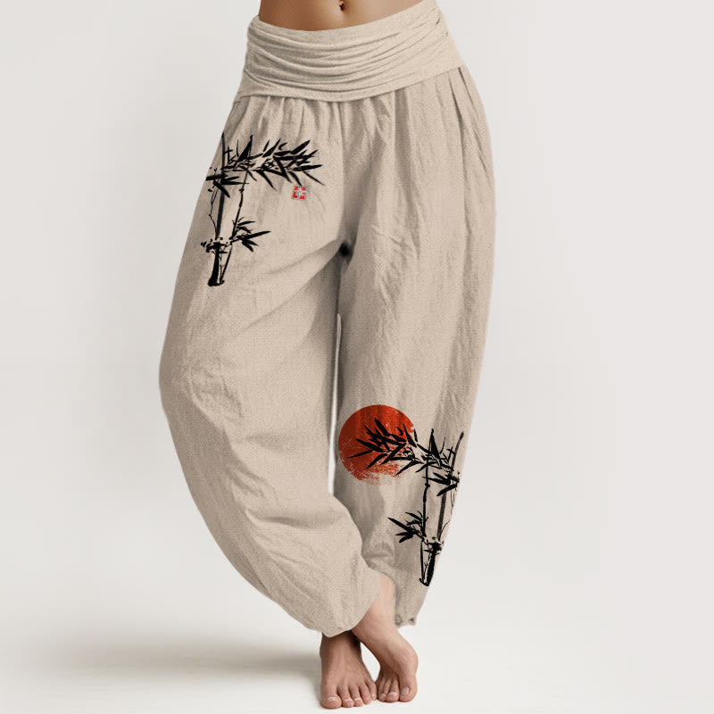 Van Dame Bamboe Bladeren Rode Zon Patroon Vrouwen Elastische Taille Harem Pure Katoenen Broek