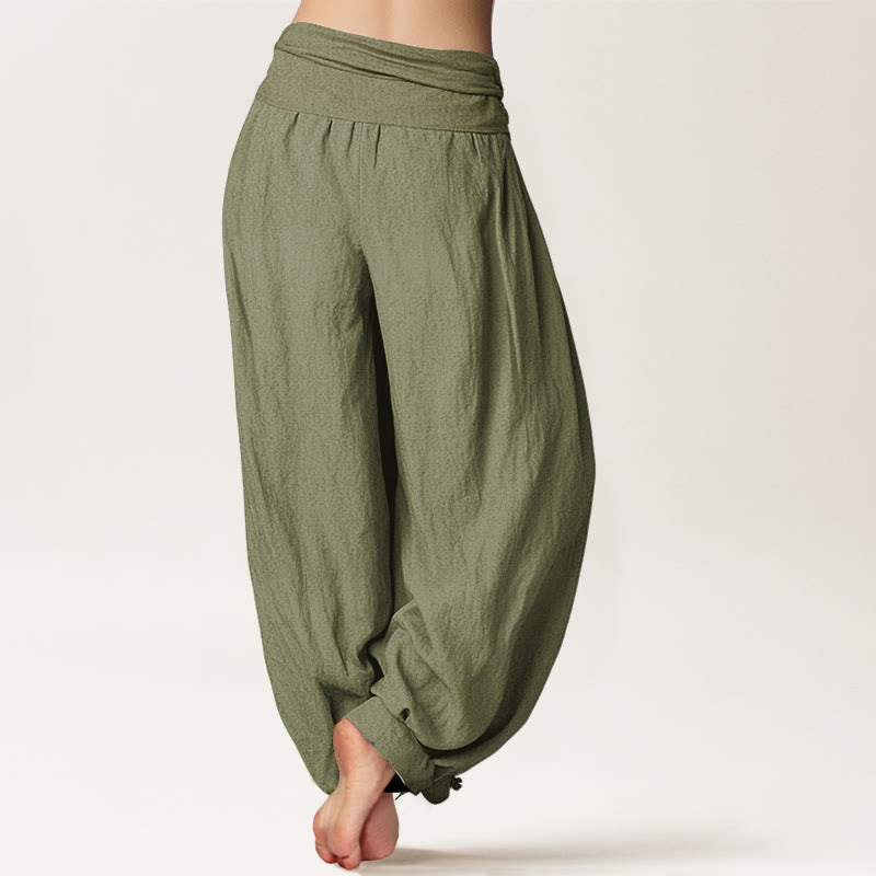 Van Dame Bamboe Bladeren Rode Zon Patroon Vrouwen Elastische Taille Harem Pure Katoenen Broek