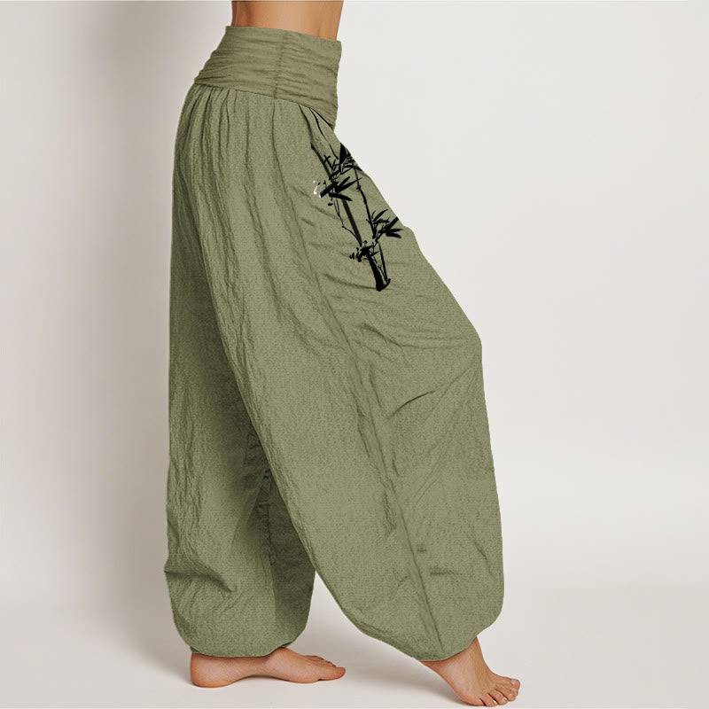 Van Dame Bamboe Bladeren Rode Zon Patroon Vrouwen Elastische Taille Harem Pure Katoenen Broek