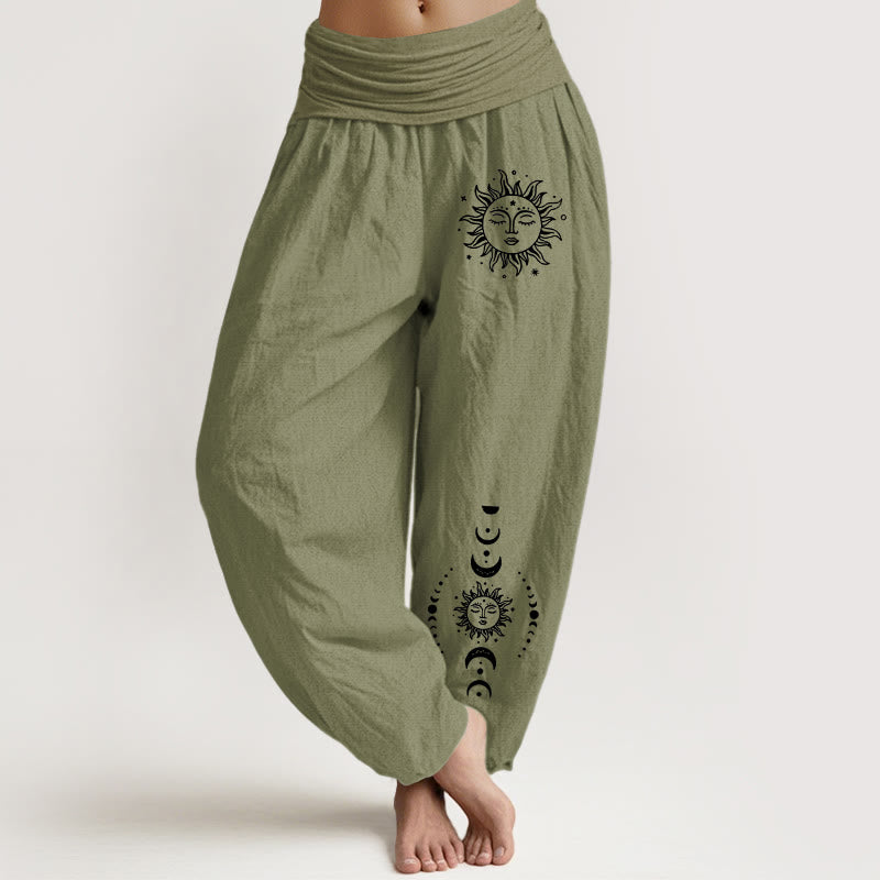 Van Dame Zon Maan Sterren Patroon Dames Elastische Taille Harem Pure Katoenen Broek