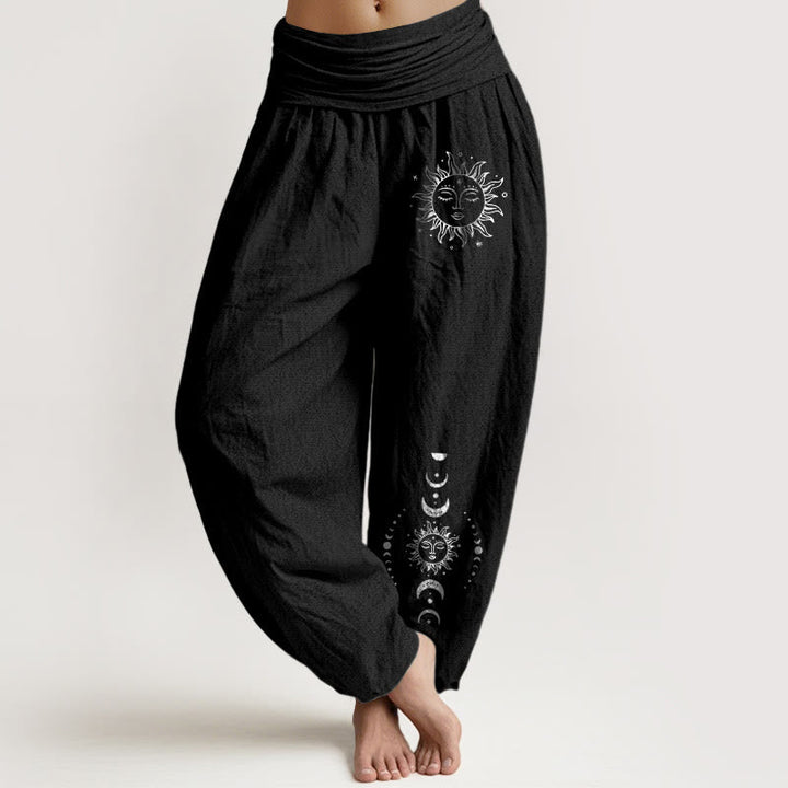 Van Dame Zon Maan Sterren Patroon Dames Elastische Taille Harem Pure Katoenen Broek
