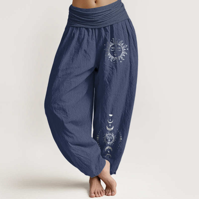 Van Dame Zon Maan Sterren Patroon Dames Elastische Taille Harem Pure Katoenen Broek