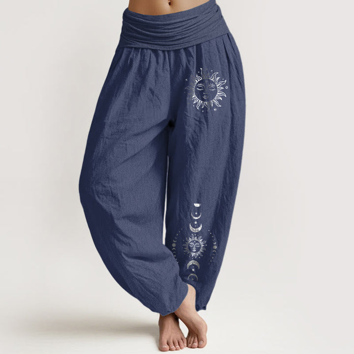 Van Dame Zon Maan Sterren Patroon Dames Elastische Taille Harem Pure Katoenen Broek