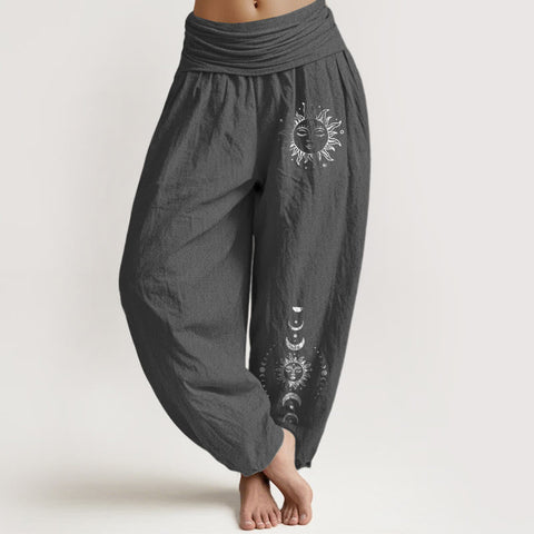 Van Dame Zon Maan Sterren Patroon Dames Elastische Taille Harem Pure Katoenen Broek