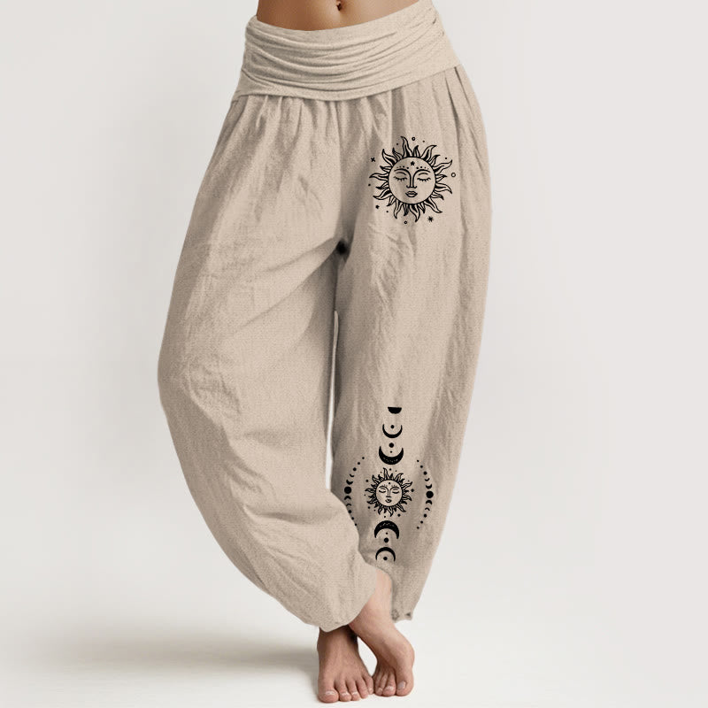 Van Dame Zon Maan Sterren Patroon Dames Elastische Taille Harem Pure Katoenen Broek