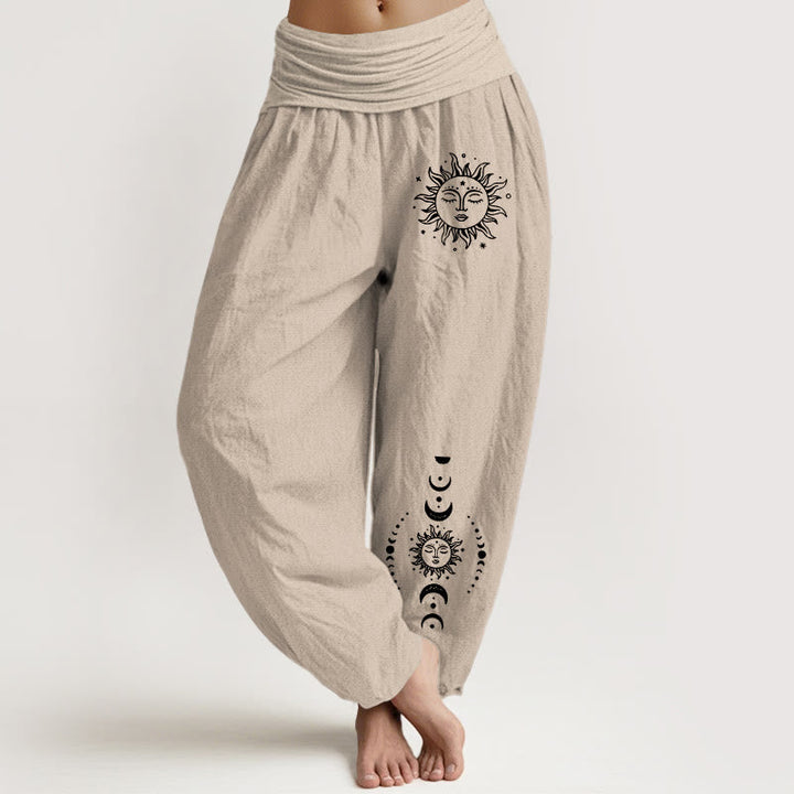 Van Dame Zon Maan Sterren Patroon Dames Elastische Taille Harem Pure Katoenen Broek