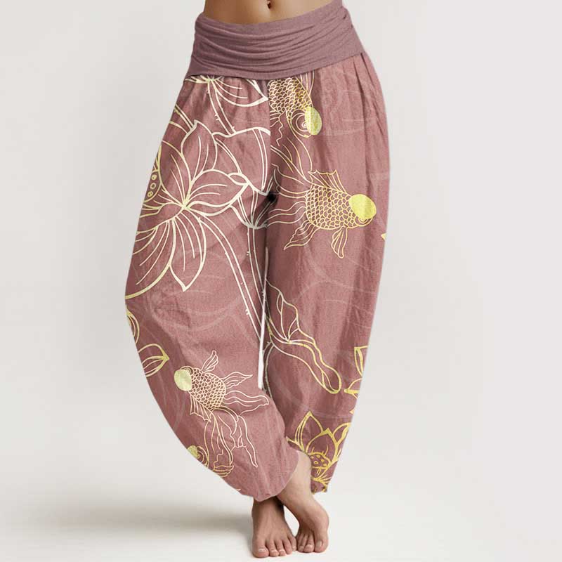 Pure Cotton Lotus Leaf Koi Fish Dames Elastische Taille Harem Broek
