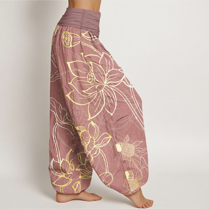 Van Dame Pure Cotton Lotus Leaf Koi Fish Dames Elastische Taille Harem Broek