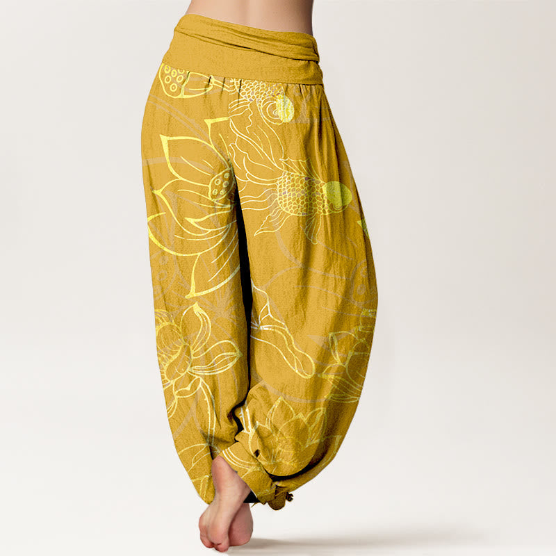 Van Dame Pure Cotton Lotus Leaf Koi Fish Dames Elastische Taille Harem Broek