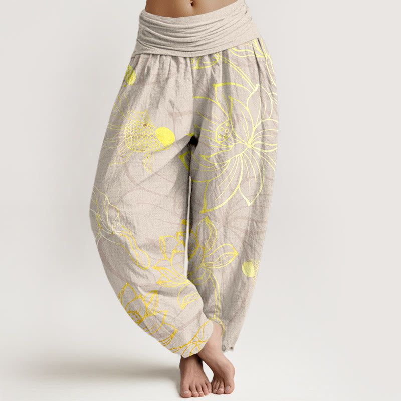 Van Dame Pure Cotton Lotus Leaf Koi Fish Dames Elastische Taille Harem Broek