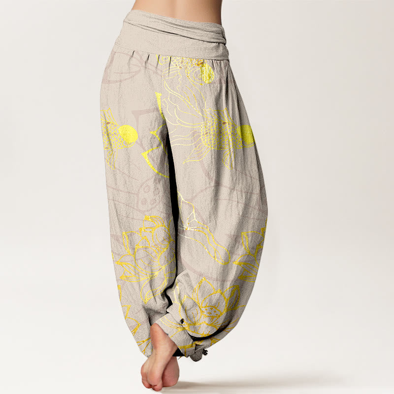 Pure Cotton Lotus Leaf Koi Fish Dames Elastische Taille Harem Broek