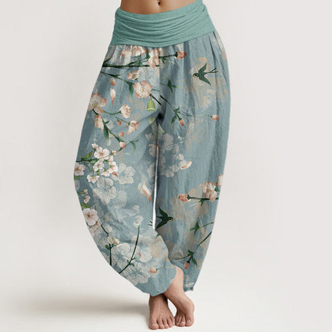 Van Dame Pure Cotton Perzikenbloesem Vliegende Ganzen Patroon Dames Elastische Taille Harem Broek