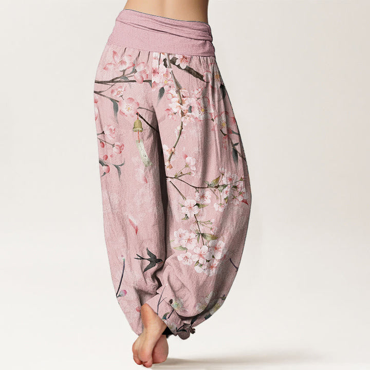 Van Dame Pure Cotton Perzikenbloesem Vliegende Ganzen Patroon Dames Elastische Taille Harem Broek