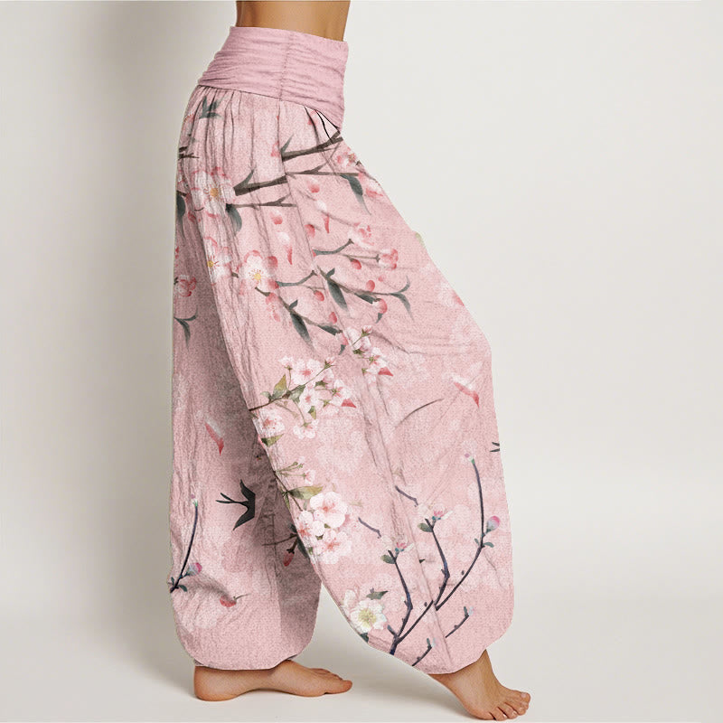 Van Dame Pure Cotton Perzikenbloesem Vliegende Ganzen Patroon Dames Elastische Taille Harem Broek