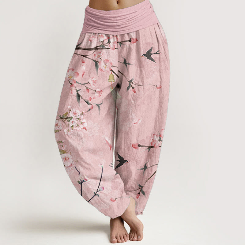 Van Dame Pure Cotton Perzikenbloesem Vliegende Ganzen Patroon Dames Elastische Taille Harem Broek