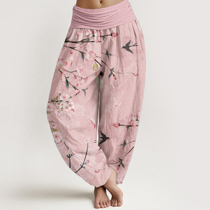Van Dame Pure Cotton Perzikenbloesem Vliegende Ganzen Patroon Dames Elastische Taille Harem Broek