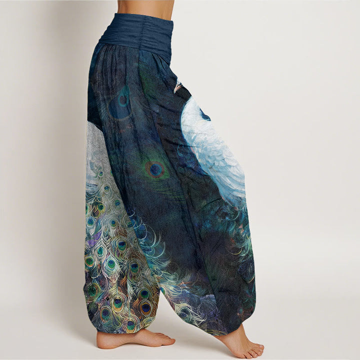 Van Dame Pure Katoen Prachtig Pauwenpatroon Dames Elastische Taille Harem Broek