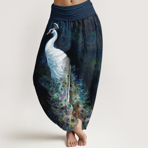 Van Dame Pure Katoen Prachtig Pauwenpatroon Dames Elastische Taille Harem Broek
