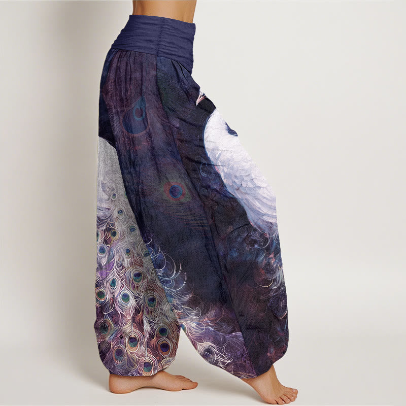 Van Dame Pure Katoen Prachtig Pauwenpatroon Dames Elastische Taille Harem Broek
