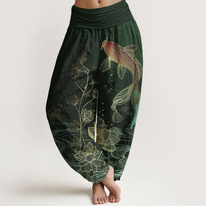 Van Dame Lotus Koi Vis Patroon Vrouwen Elastische Taille Pure Katoenen Harem Broek