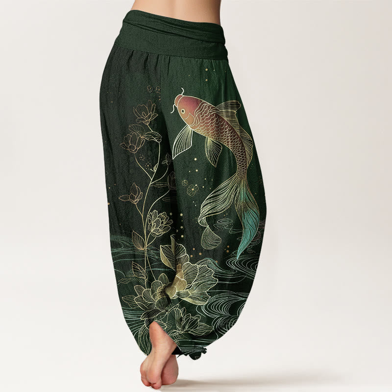 Van Dame Lotus Koi Vis Patroon Vrouwen Elastische Taille Pure Katoenen Harem Broek