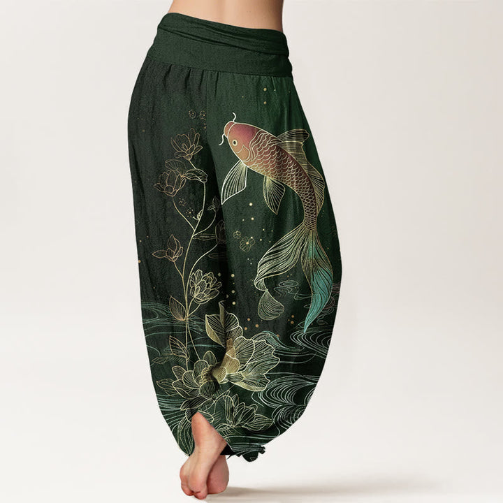 Van Dame Lotus Koi Vis Patroon Vrouwen Elastische Taille Pure Katoenen Harem Broek