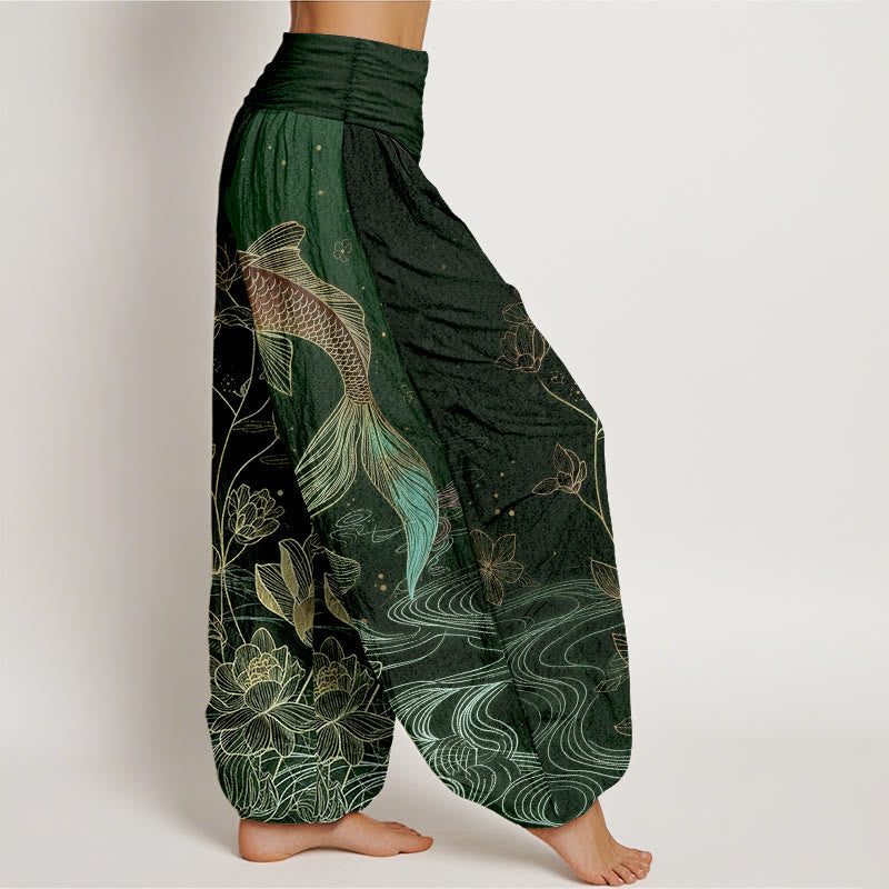 Van Dame Lotus Koi Vis Patroon Vrouwen Elastische Taille Pure Katoenen Harem Broek