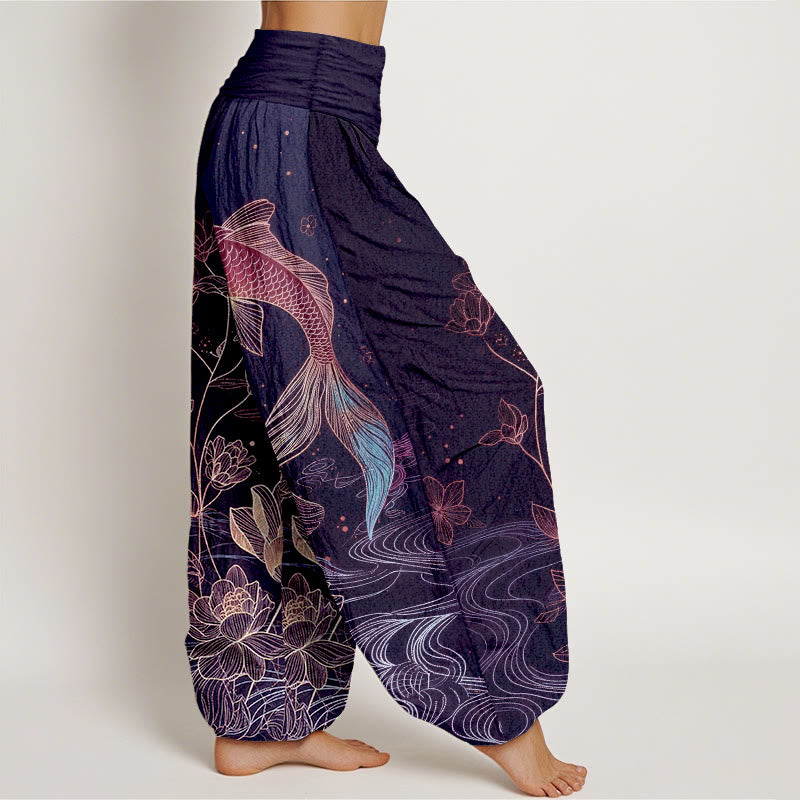 Van Dame Lotus Koi Vis Patroon Vrouwen Elastische Taille Pure Katoenen Harem Broek