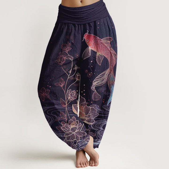 Van Dame Lotus Koi Vis Patroon Vrouwen Elastische Taille Pure Katoenen Harem Broek