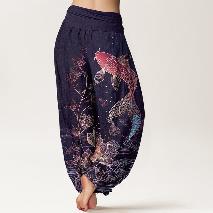 Van Dame Lotus Koi Vis Patroon Vrouwen Elastische Taille Pure Katoenen Harem Broek
