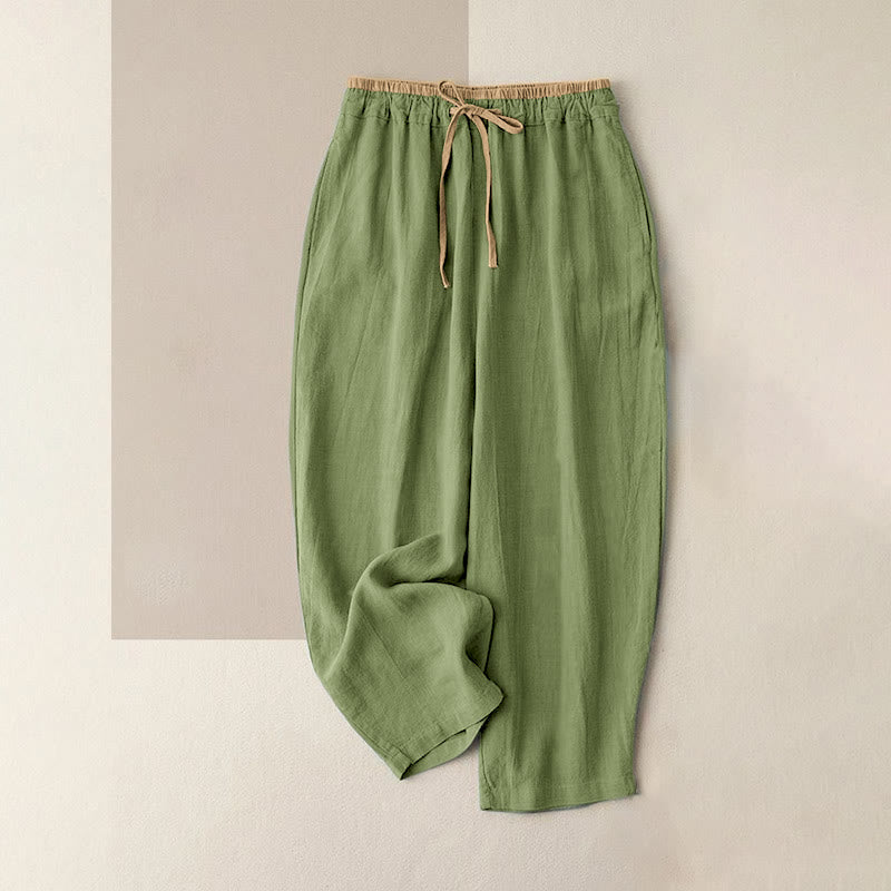 Van Dame Casual Effen Kleur Katoen Linnen Broek met Touwtjes voor Dames met Zakken