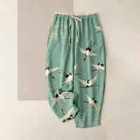Pure Katoen Kraanvogel Wolkenpatroon Vrouwen Elastische Taille Broeken Met Zakken