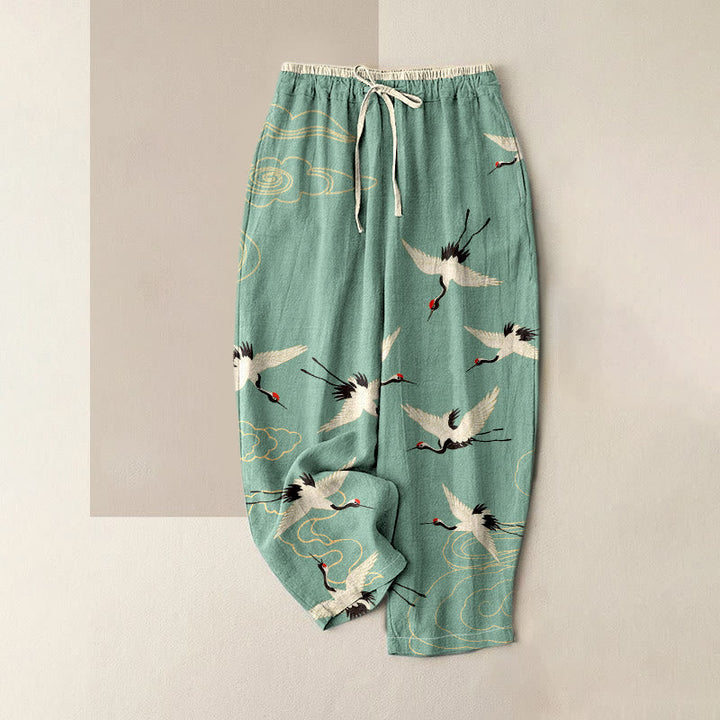 Pure Katoen Kraanvogel Wolkenpatroon Vrouwen Elastische Taille Broeken Met Zakken