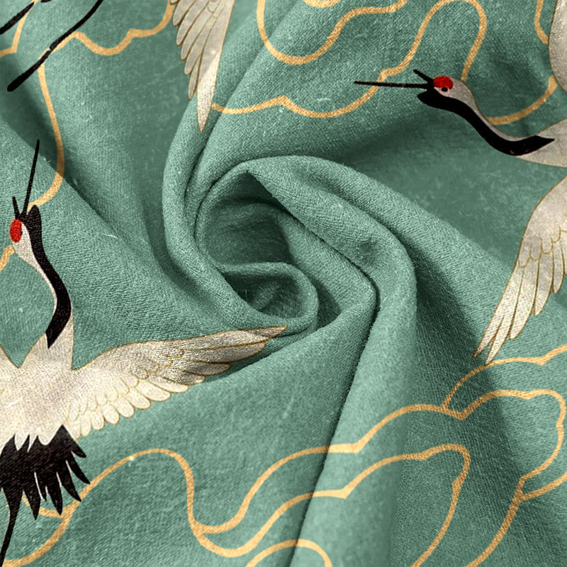Pure Katoen Kraanvogel Wolkenpatroon Vrouwen Elastische Taille Broeken Met Zakken