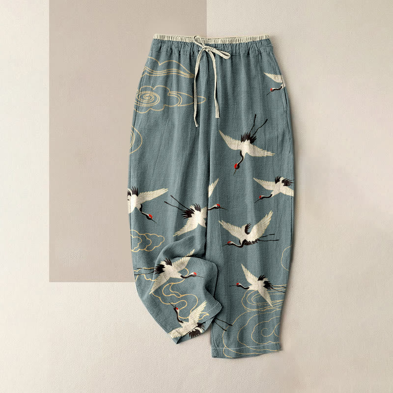Pure Katoen Kraanvogel Wolkenpatroon Vrouwen Elastische Taille Broeken Met Zakken