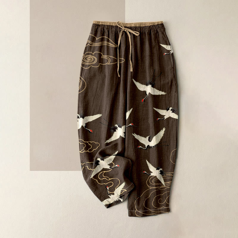 Pure Katoen Kraanvogel Wolkenpatroon Vrouwen Elastische Taille Broeken Met Zakken