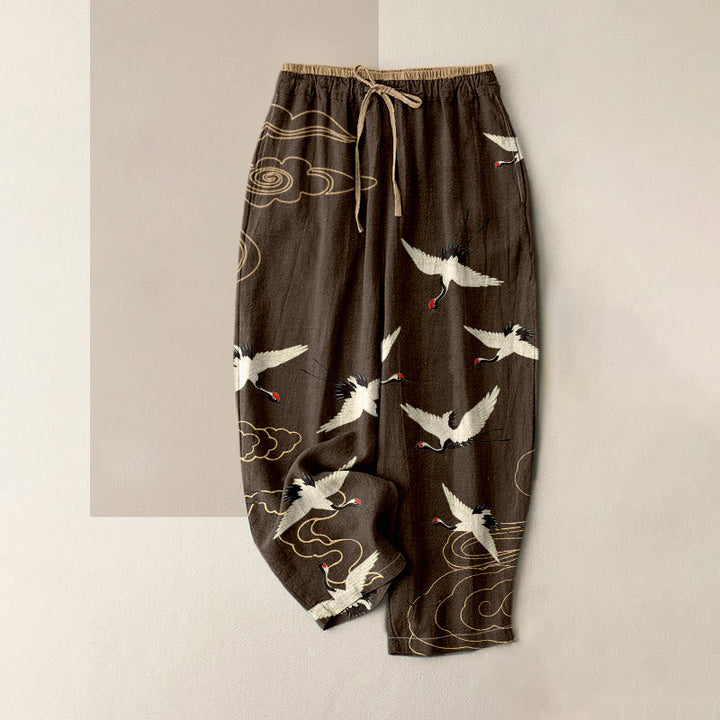 Pure Katoen Kraanvogel Wolkenpatroon Vrouwen Elastische Taille Broeken Met Zakken