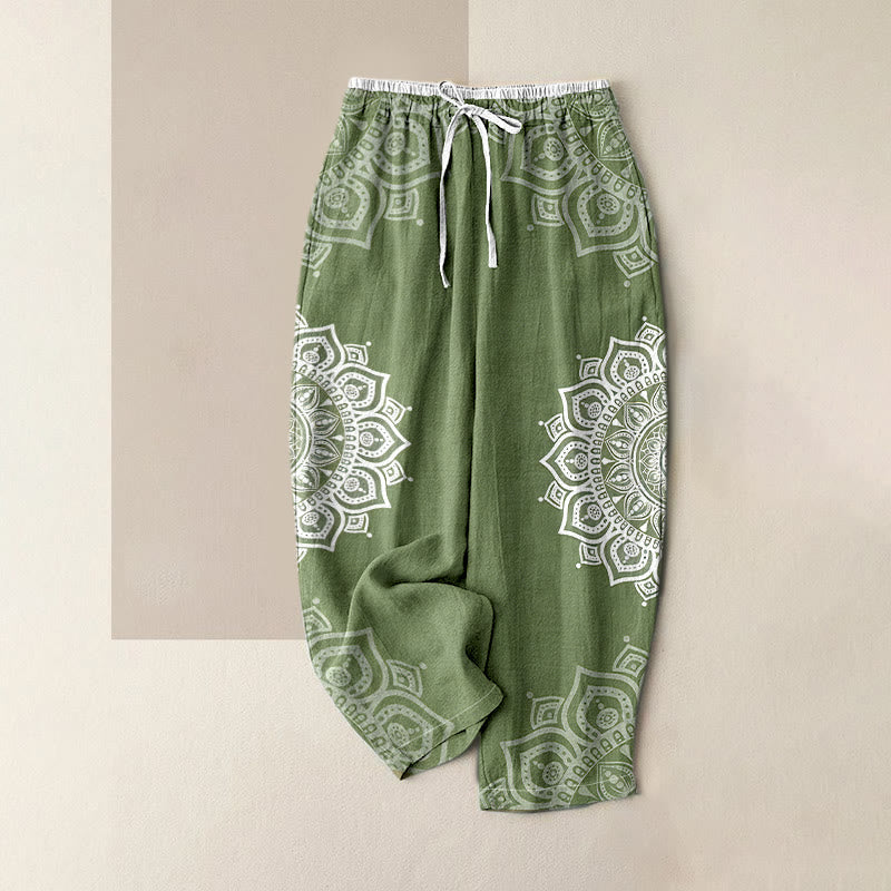 Pure Cotton Mandala Patroon Vrouwen Elastische Taille Broek Met Zakken