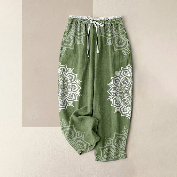 Pure Cotton Mandala Patroon Vrouwen Elastische Taille Broek Met Zakken