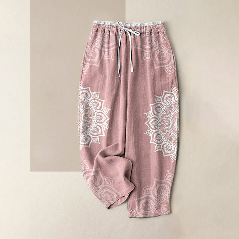 Pure Cotton Mandala Patroon Vrouwen Elastische Taille Broek Met Zakken